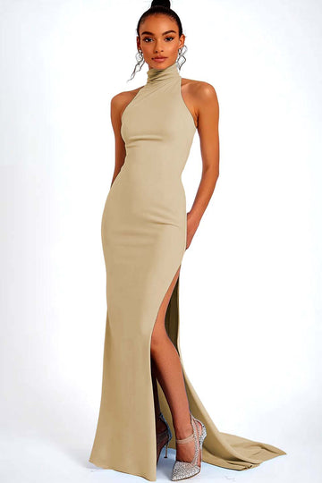 Black Halter Satin Mermaid Long Formal Dress with Slit